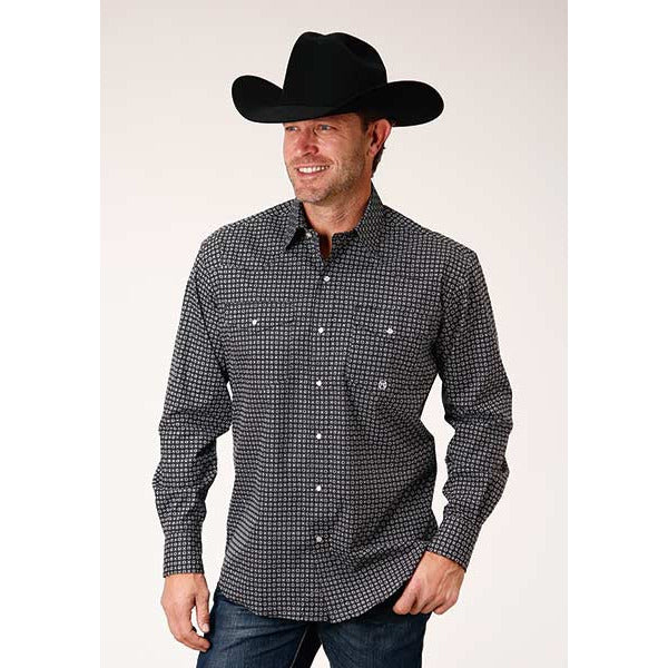 Men's Roper Circle Square Foulard Snap Front Western Shirt - Black - yeehawcowboy