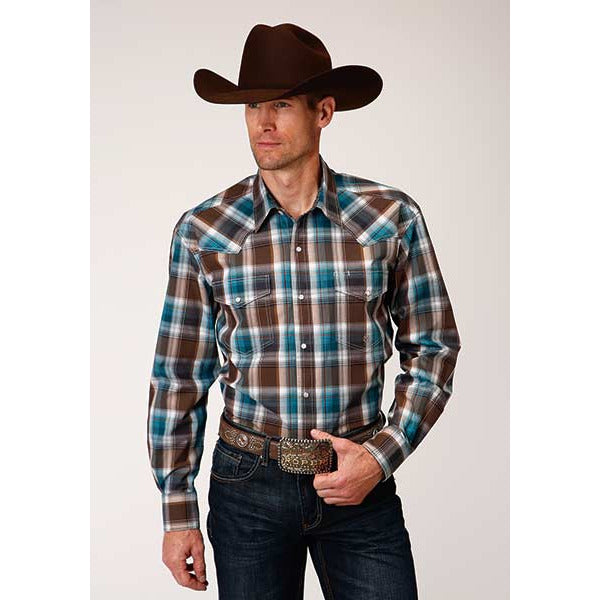 Men's Roper Chocolate Plaid Snap Front Western Shirt - Brown - yeehawcowboy