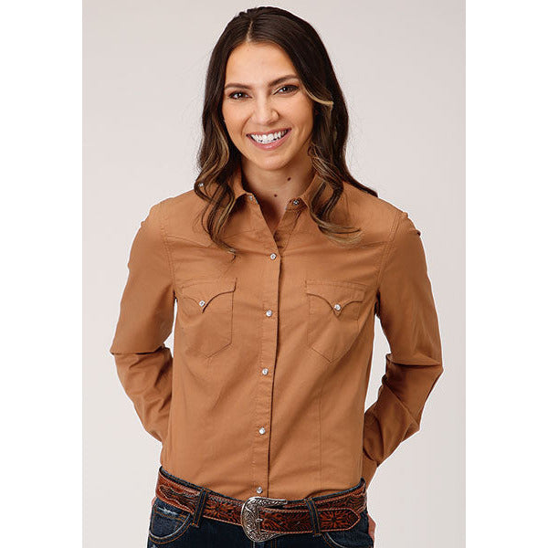 Women's Roper Solid Poplin Western Shirt - Caramel - yeehawcowboy