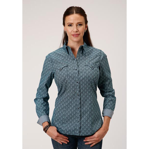 Women's Roper Paisley Grid Print Western Shirt - Blue - yeehawcowboy