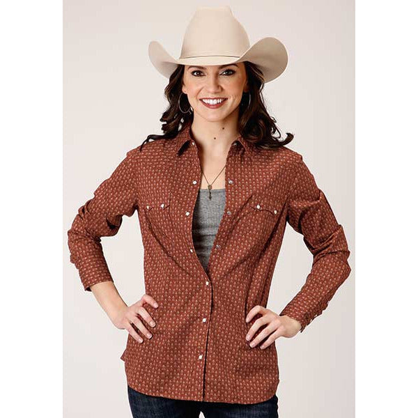 Women's Roper Arrow Geo Print Western Shirt - Brown - yeehawcowboy