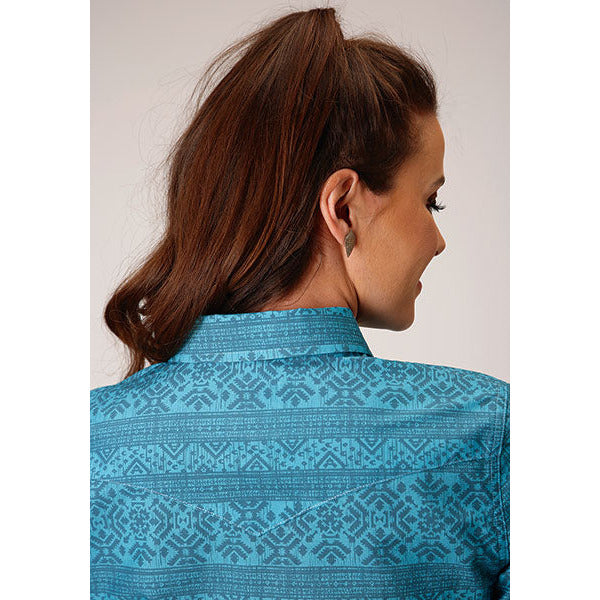 Women's Roper Texture Aztec Print Western Shirt - Blue - yeehawcowboy