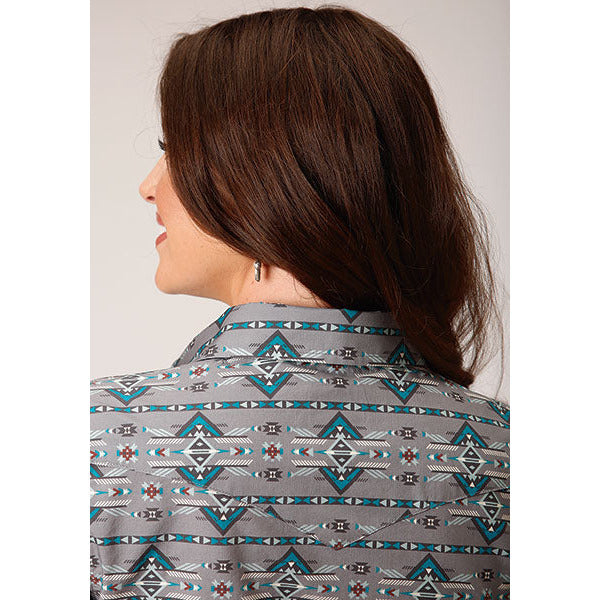 Women's Roper Geometric Aztec Print Western Shirt - Gray - yeehawcowboy