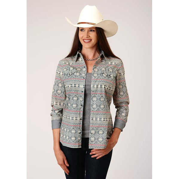 Women's Roper Tribal Texture Print Western Shirt - Gray - yeehawcowboy