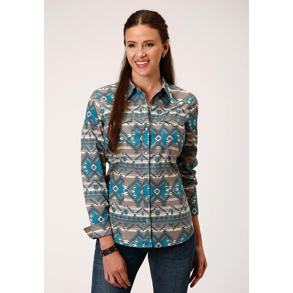 Women's Roper Khaki Aztec Print Western Shirt - Brown - yeehawcowboy