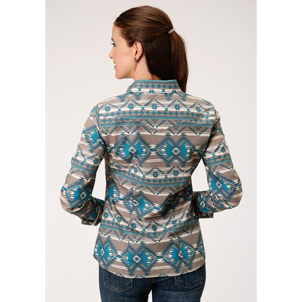 Women's Roper Khaki Aztec Print Western Shirt - Brown - yeehawcowboy