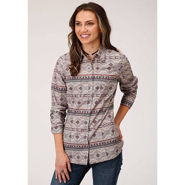 Women's Roper Blanket Aztec Print Western Shirt - Gray - yeehawcowboy