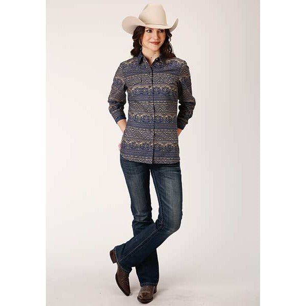 Women's Roper Horizontal Aztec Stripe Western Shirt - Navy - yeehawcowboy