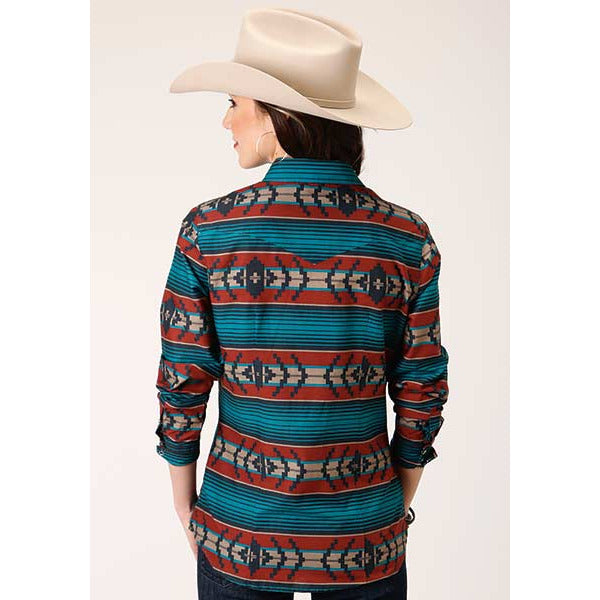 Women's Roper Ombre Aztec Horizontal Stripe Western Shirt - Rust - yeehawcowboy