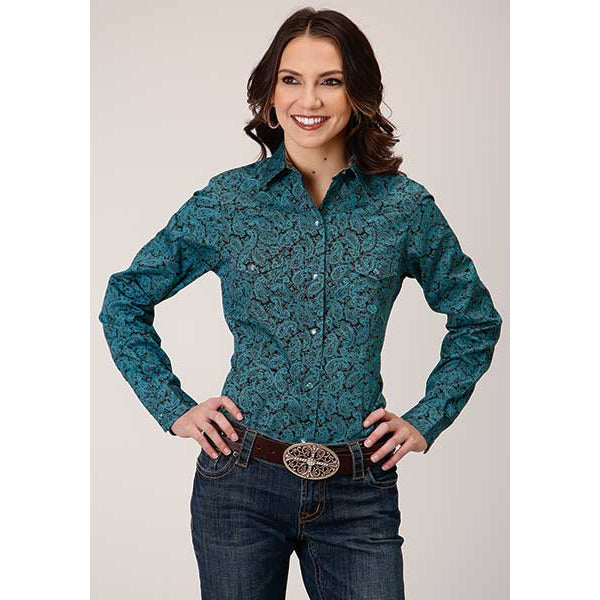 Women's Roper Blue Agave Paisley Western Shirt - Blue - yeehawcowboy