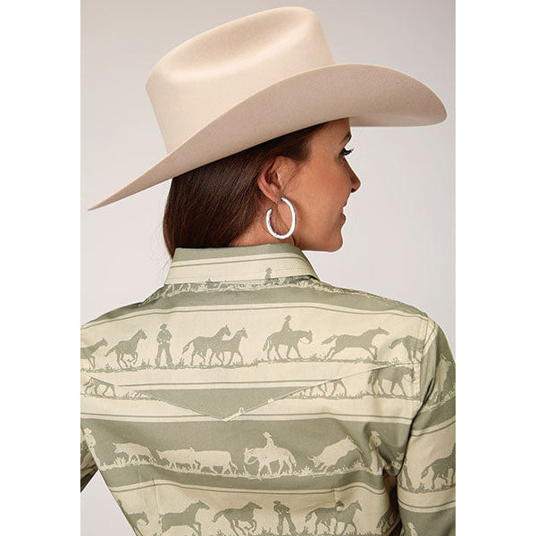 Women's Roper Cowboy Rugby Horizontal Print Western Shirt - Brown - yeehawcowboy