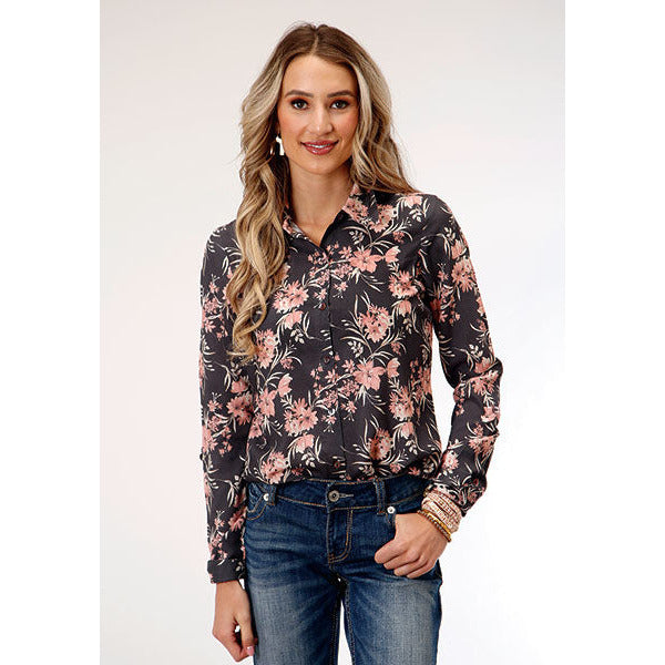 Women's Roper Coral Floral Print Western Shirt - Gray - yeehawcowboy