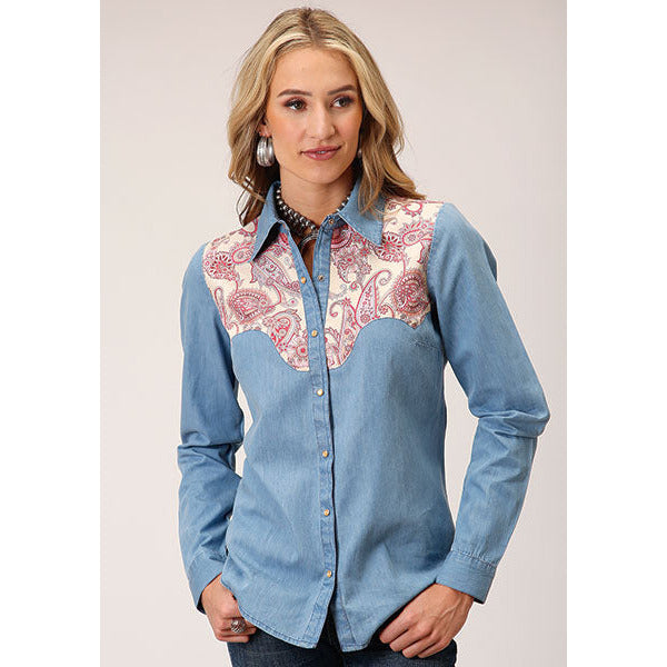 Women's Roper Pretty Retro Cotton Denim Western Shirt - Blue - yeehawcowboy