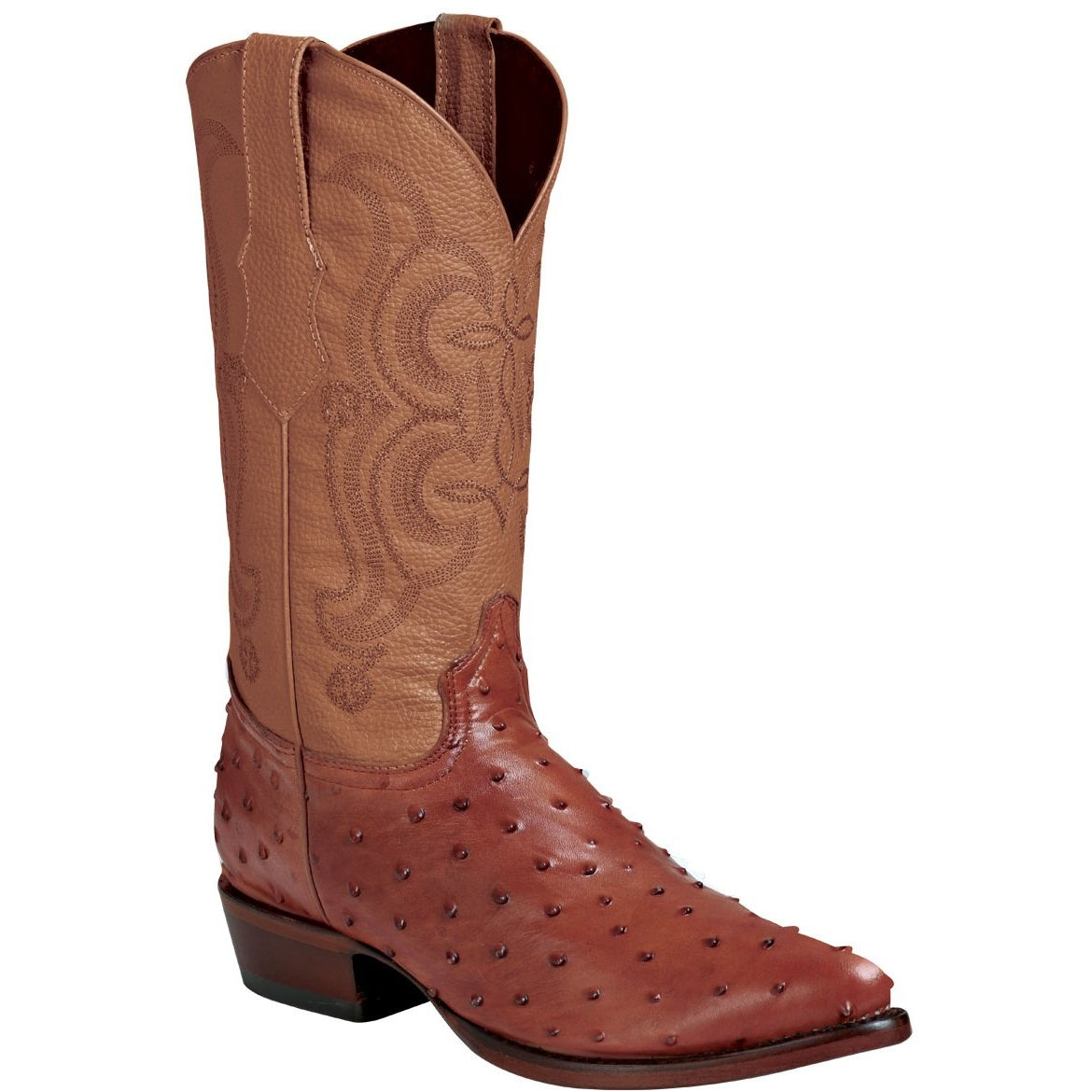 Men's El General Full Quill Ostrich Print Boots J Toe Handcrafted Cognac - yeehawcowboy