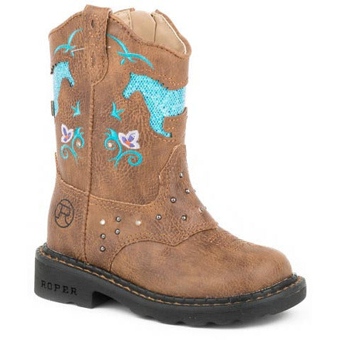 Toddler's Roper Horse Flowers Light Up Boots Handcrafted Tan - yeehawcowboy
