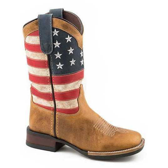 Kid's Roper Patriotism Leather Boots Handcrafted Brown - yeehawcowboy