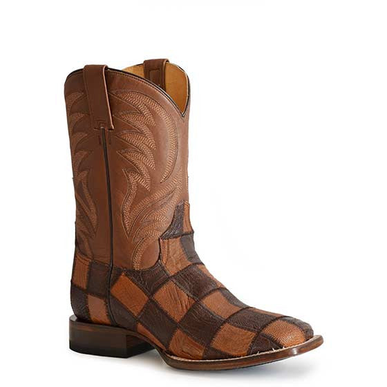 Men's Roper Ostrich Leg Check Exotic Patchwork Boots Handcrafted Brown - yeehawcowboy