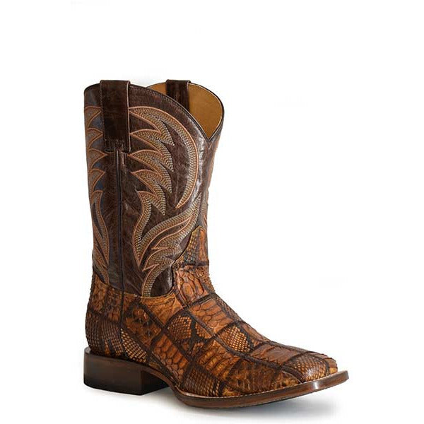 Men's Roper Python Check Exotic Patchwork Boots Handcrafted Brown - yeehawcowboy