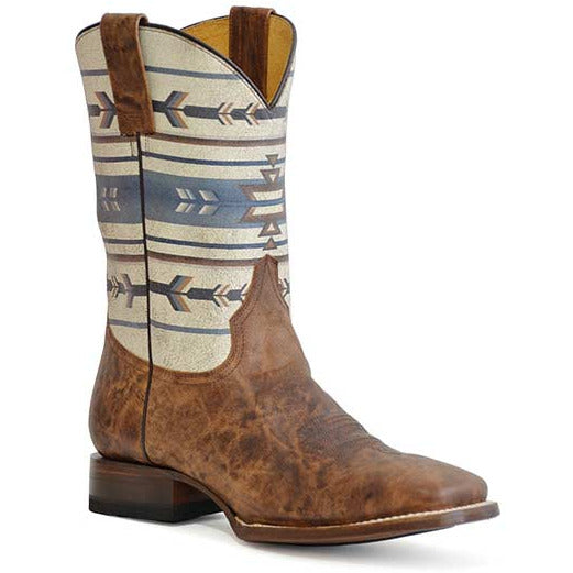 Men's Roper Cowboy Aztek Leather Boots Handcrafted Tan - yeehawcowboy