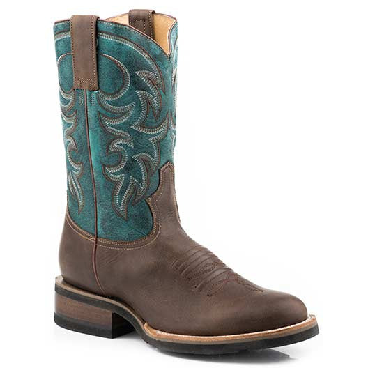Men's Roper Rowdy Geo Sole Leather Boots Handcrafted Brown - yeehawcowboy