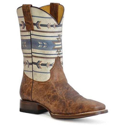 Men's Roper Cowboy Aztek Hybrid Sole Leather Boots Handcrafted Tan - yeehawcowboy