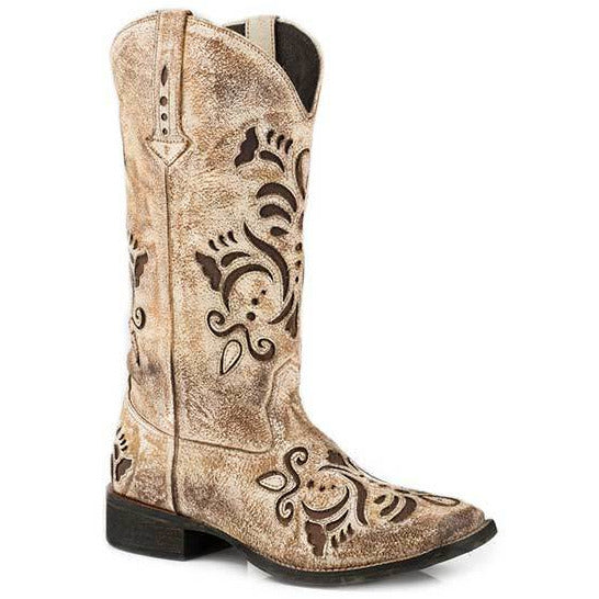 Women's Roper Belle Leather Boots Handcrafted Tan - yeehawcowboy