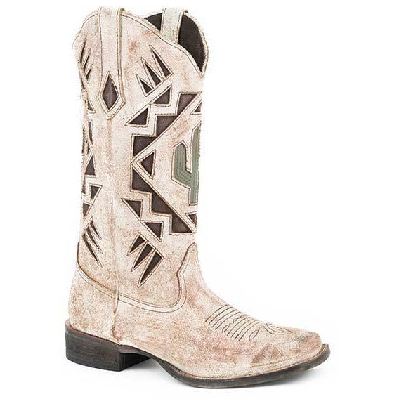 Women's Roper Moonlight Cactus Leather Boots Handcrafted Tan - yeehawcowboy
