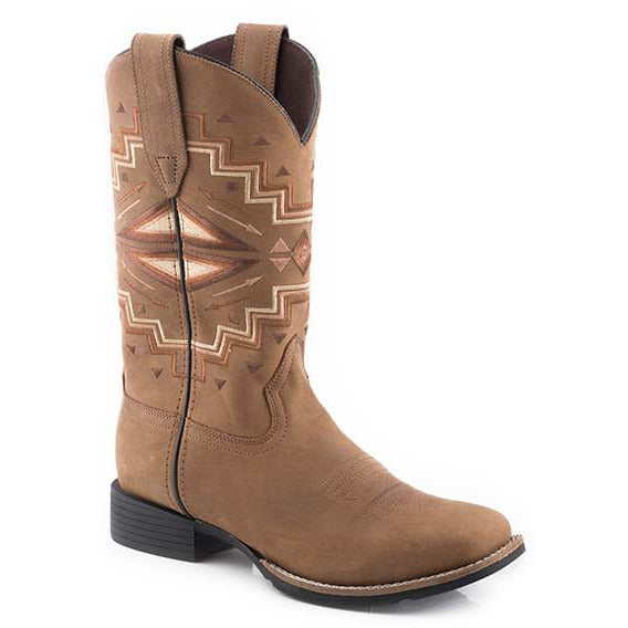 Women's Roper Monterey Aztec Leather Boots Handcrafted Tan - yeehawcowboy