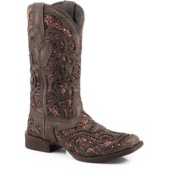 Women's Roper Mercedes Leather Boots Handcrafted Brown - yeehawcowboy