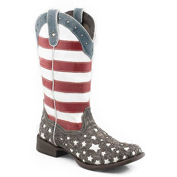 Women's Roper American Star Leather Boots Handcrafted Brown - yeehawcowboy