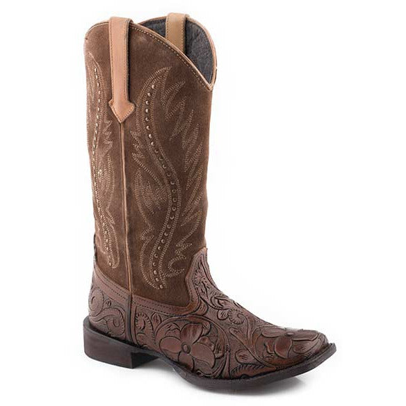 Women's Roper Clara Tooled Leather Boots Handcrafted Brown - yeehawcowboy