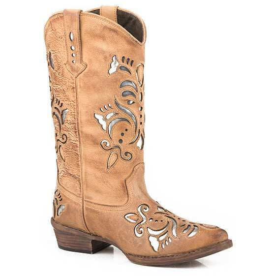 Women's Roper Belle Snip Leather Boots Handcrafted Tan - yeehawcowboy