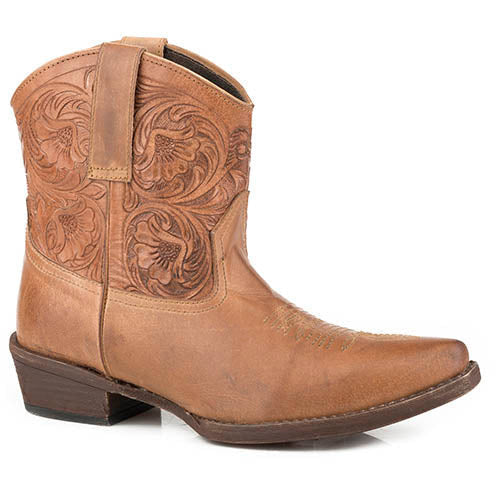 Women's Roper Dusty Tooled Ankle Leather Boots Handcrafted Tan - yeehawcowboy