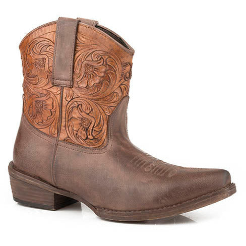 Women's Roper Dusty Tooled Ankle Leather Boots Handcrafted Brown - yeehawcowboy