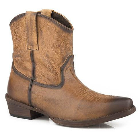 Women's Roper Dusty Burnished Ankle Leather Boots Handcrafted Tan - yeehawcowboy