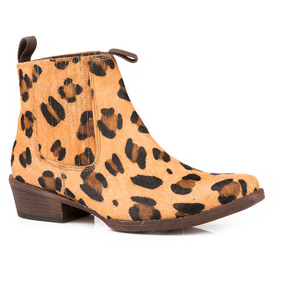 Women's Roper Dusty II Leopard Print Ankle Leather Boots Handcrafted Tan - yeehawcowboy
