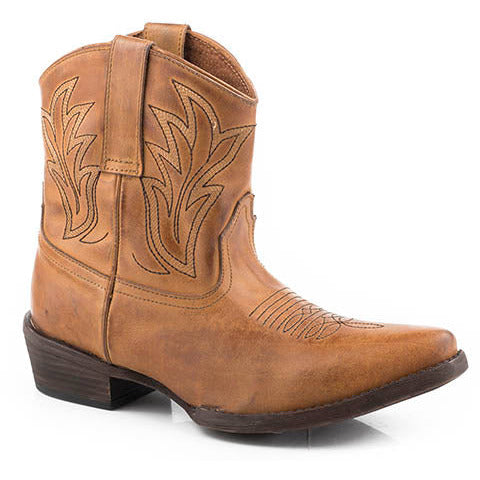Women's Roper Dusty Burnished Ankle Leather Boots Handcrafted Tan - yeehawcowboy