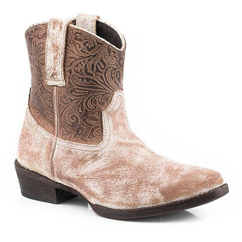 Women's Roper Dusty Embossed Ankle Leather Boots Handcrafted Beige - yeehawcowboy