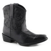 Women's Roper Dusty Tooled Ankle Leather Boots Handcrafted Black - yeehawcowboy
