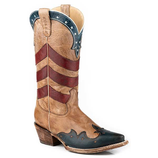 Women's Roper American Charm Leather Boots Handcrafted Tan - yeehawcowboy