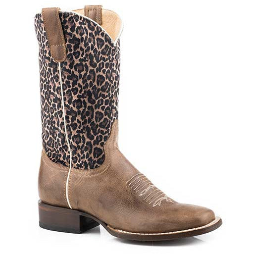 Women's Roper Cheetah Leather Boots Handcrafted Brown - yeehawcowboy