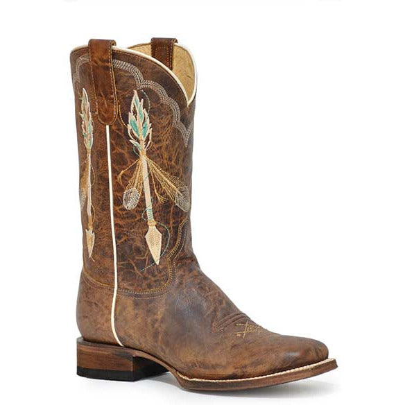 Women's Roper Arrow Feather Leather Boots Handcrafted Brown - yeehawcowboy