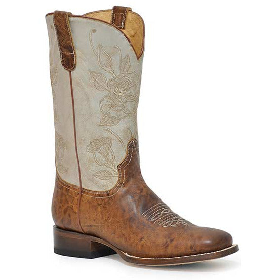 Women's Roper Roses Leather Boots Handcrafted Tan - yeehawcowboy