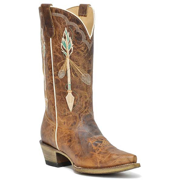 Women's Roper Arrow Feather Leather Boots Handcrafted Brown - yeehawcowboy