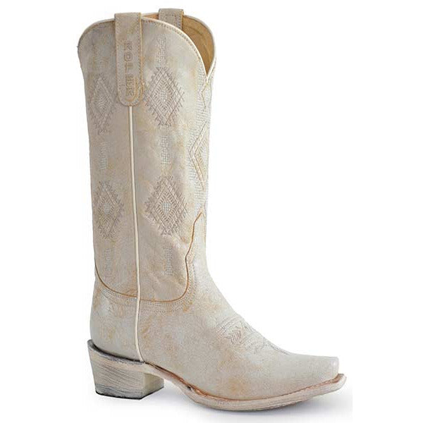 Women's Roper Aztec Leather Boots Handcrafted White - yeehawcowboy
