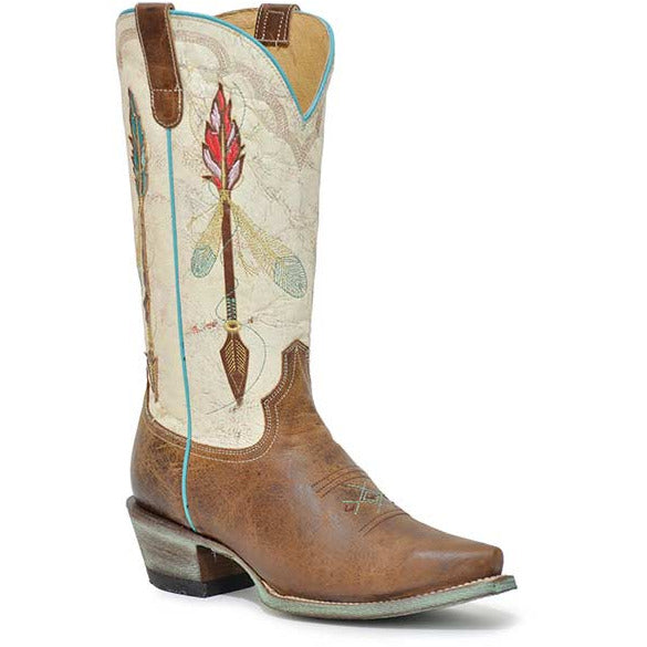Women's Roper Arrow Feather Leather Boots Handcrafted Tan - yeehawcowboy