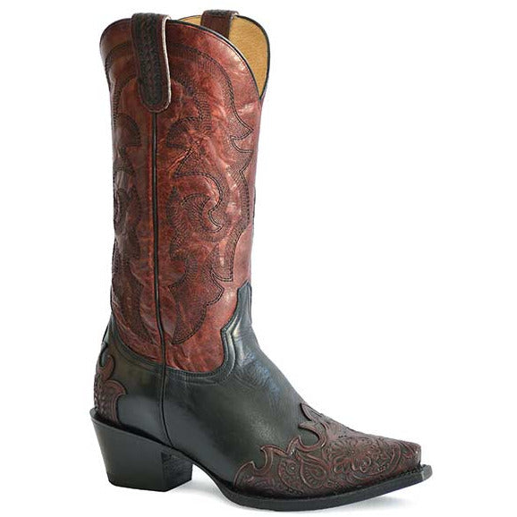 Women's Roper Palamino Handtooled Leather Boots Handcrafted Black - yeehawcowboy