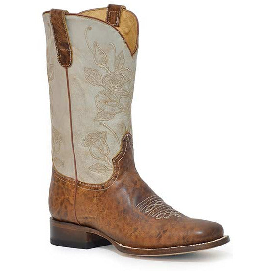 Women's Roper Roses Leather Boots Hybrid Sole Handcrafted with Flextra Calf Tan - yeehawcowboy