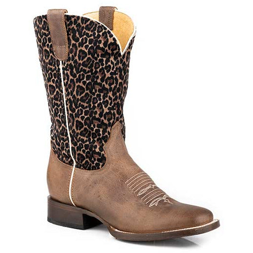 Women's Roper Cheetah Leather Boots Handcrafted with Flextra Calf Brown - yeehawcowboy