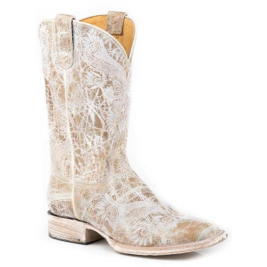 Women's Roper White Wedding Leather Boots Handcrafted with Flextra Calf White - yeehawcowboy